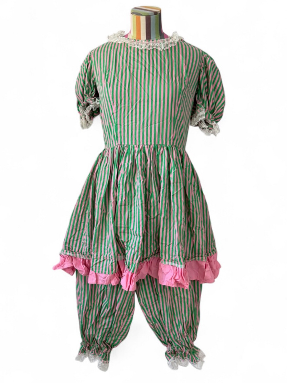 Vintage Handmade Striped Dress & Bloomers Pants Set Metal Talon Zip Clowncore